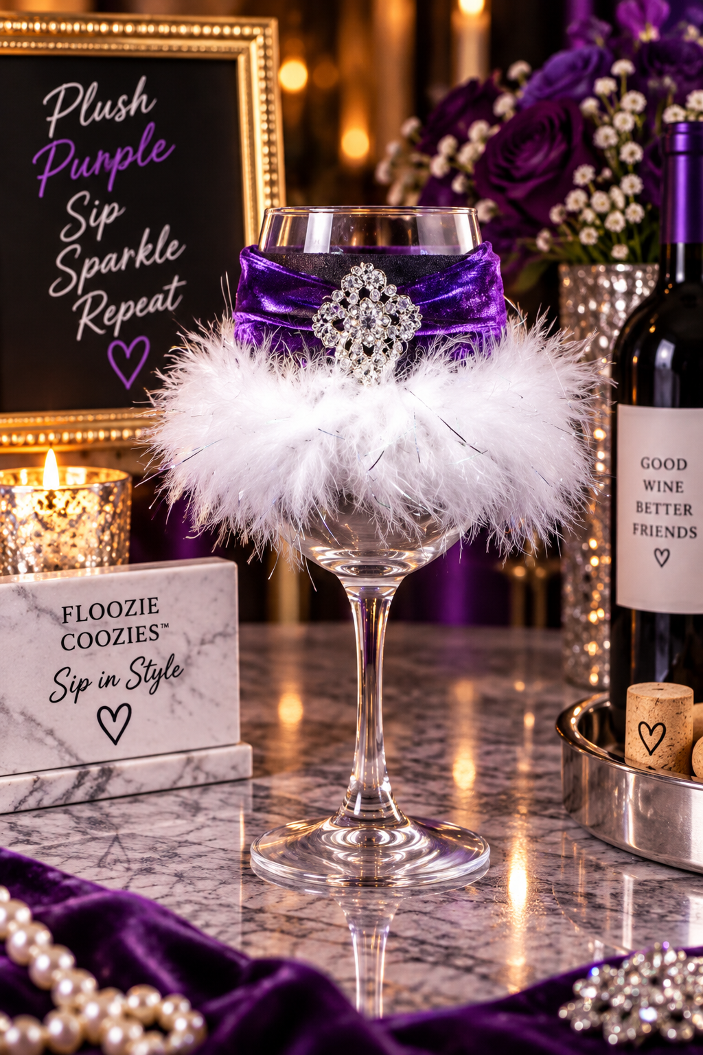 Winey Bitches Co Plush Purple Floozie Coozie™ Feather & Bling Wine Glass Coozie