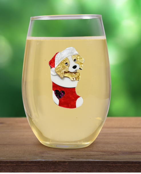 NEW- Puppy in Stocking with Christmas Hat Holiday Tipsy Sips! "Magnetic Bling for your Wine Glass"