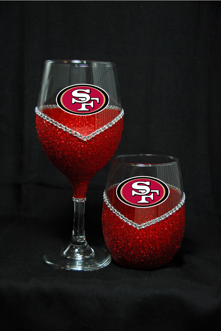 San Francisco 49er's Bling Stem or Stemless Wine Glasses-Choose your color