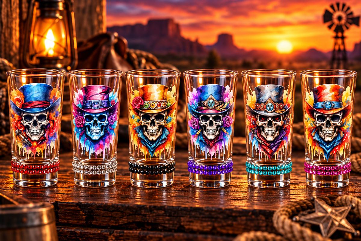 🎨💀 Winey Bitches Paint Skull Shot Glass Designs #1 Set of 6 with Rhinestones