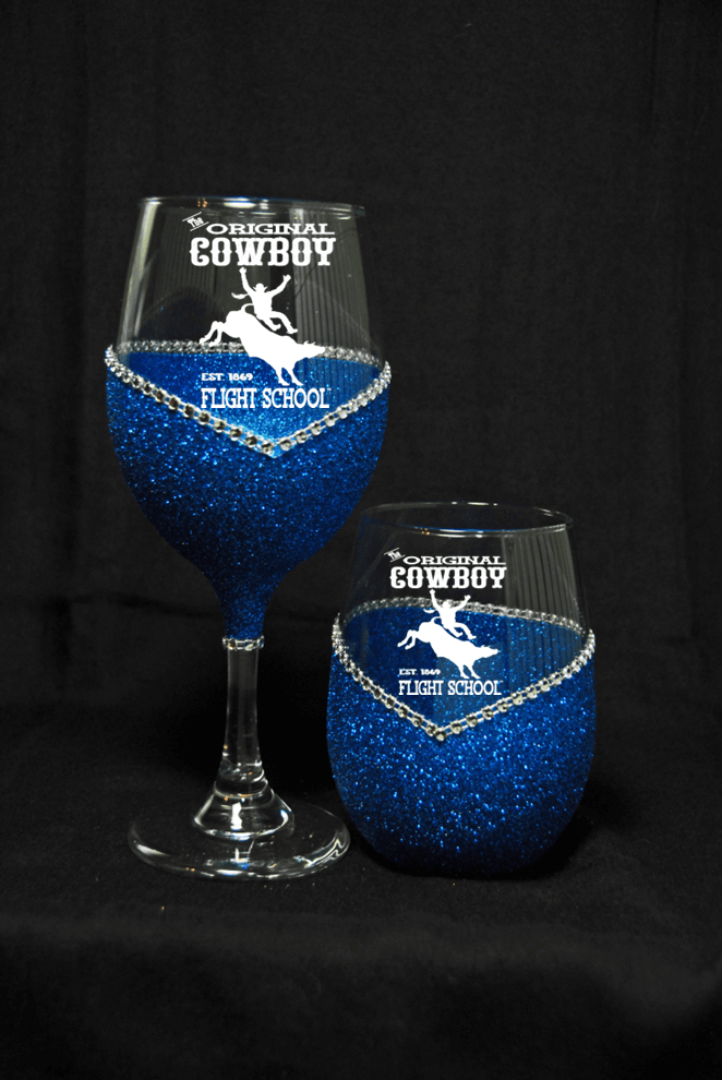The Original Cowboy Flight School (Bucking Horse) β Bling Glitter Glass Drinkware (Country Western Collection)