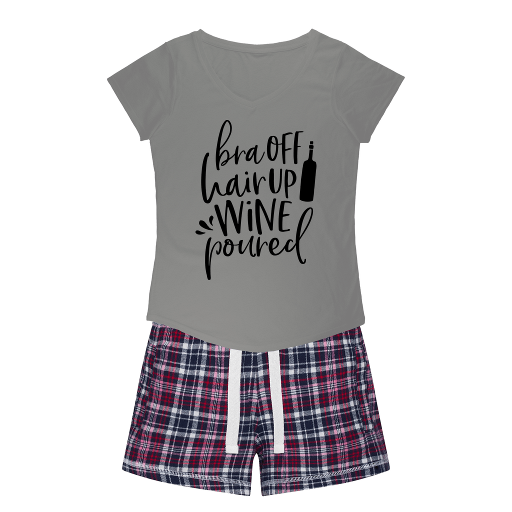 Apparel H. Grey Tee / Navy Short / XS WineyBitches.Co Bra Off Hair Up Wine Poured Girls Sleepy Tee and Flannel Short WineyBitchesCo