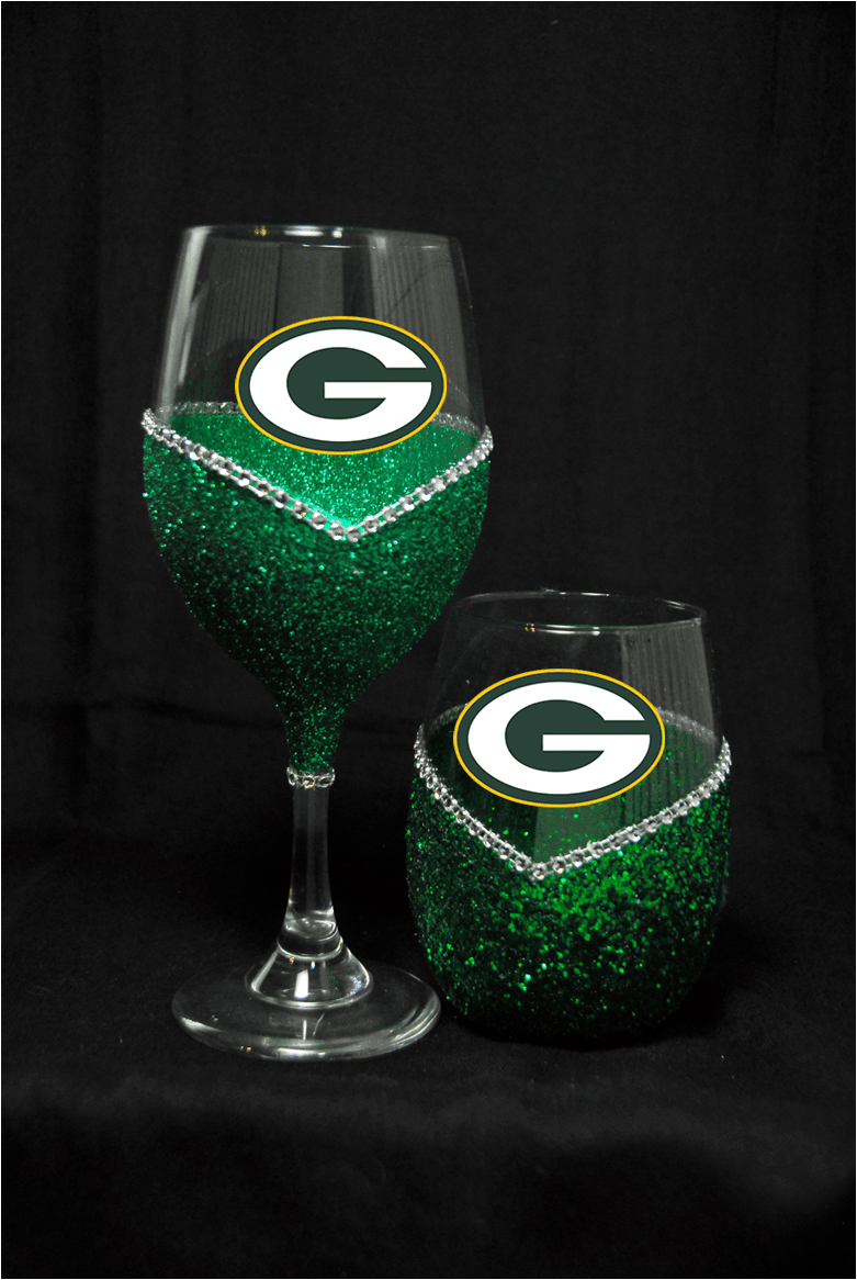 Green Bay Packers Bling Stem or Stemless Wine Glasses-Choose your color - Winey Bitches - Wine- Women- K9's
