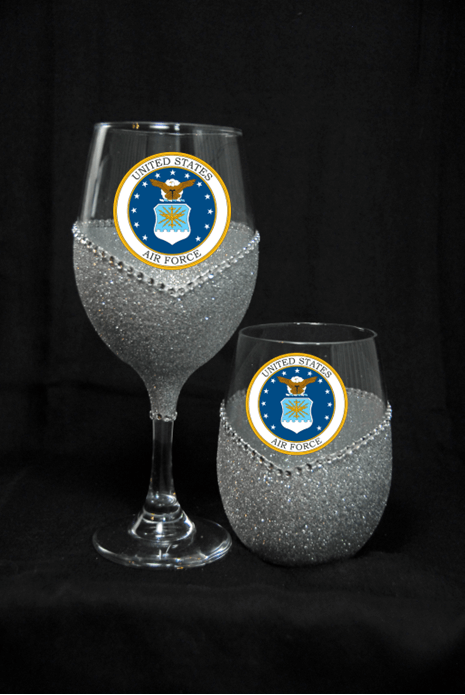 ✈️🍷💋🇺🇸✨ Winey Bitches Co Military–Air Force Bling Stem or Stemless Wine Glasses