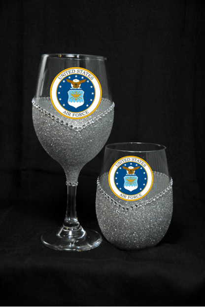 ✈️🍷💋🇺🇸✨ Winey Bitches Co Military–Air Force Bling Stem or Stemless Wine Glasses