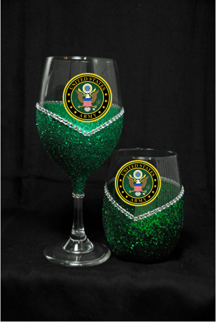 🍷💋🇺🇸✨ Winey Bitches Co Military–Army Bling Stem or Stemless Wine Glasses