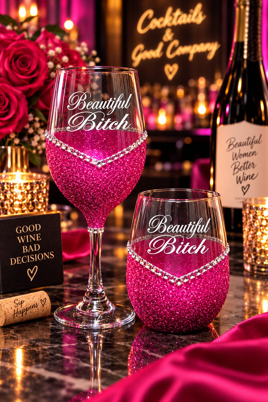 Beautiful Bitch – Bling Glitter Glass Wine Glass (The Bitch Collection)