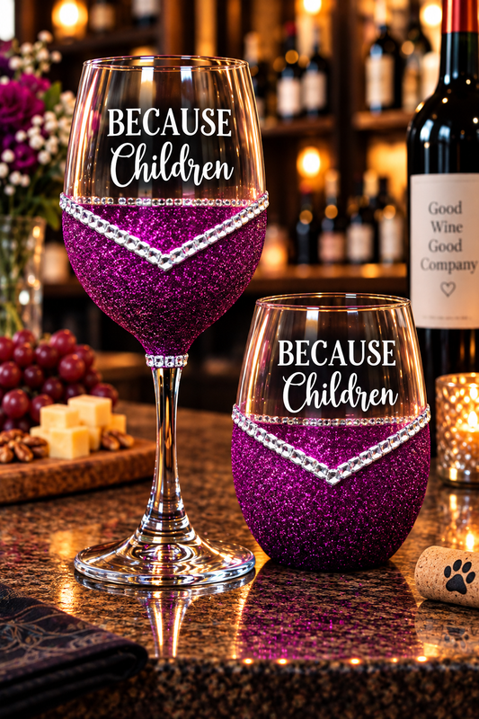 Winey Bitches Co "Because Children" Funny Bling Stem or Stemless Wine Glasses-Choose your color