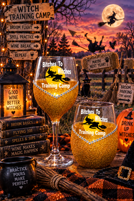 Bitches to Witches Training Camp – Bling Glitter Glass Wine Glasses (Halloween Collection)