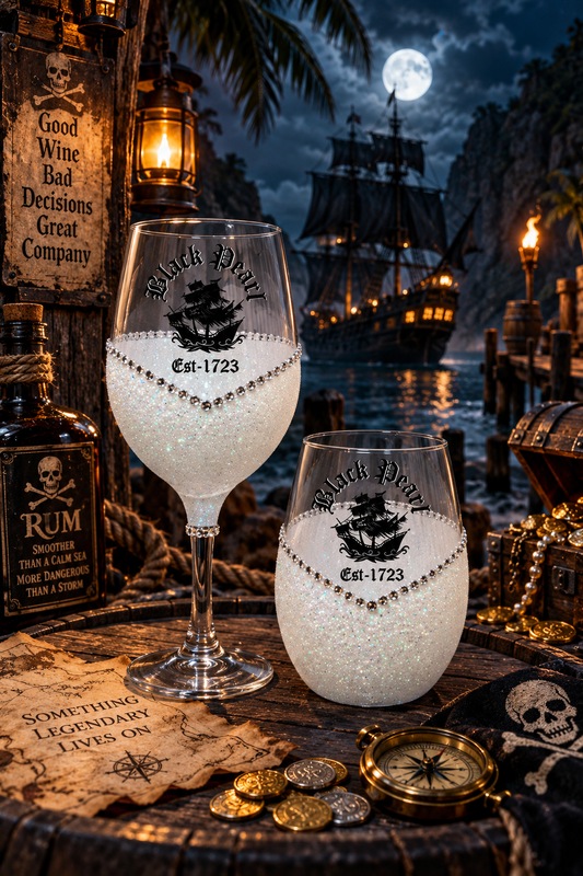 Black Pearl Pirate Bling Glitter Wine Glass | Stemmed & Stemless