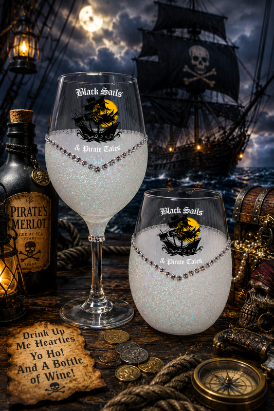 Black Sails and Pirate Tales – Bling Glitter Glass Wine Glasses (Pirate Theme Collection)