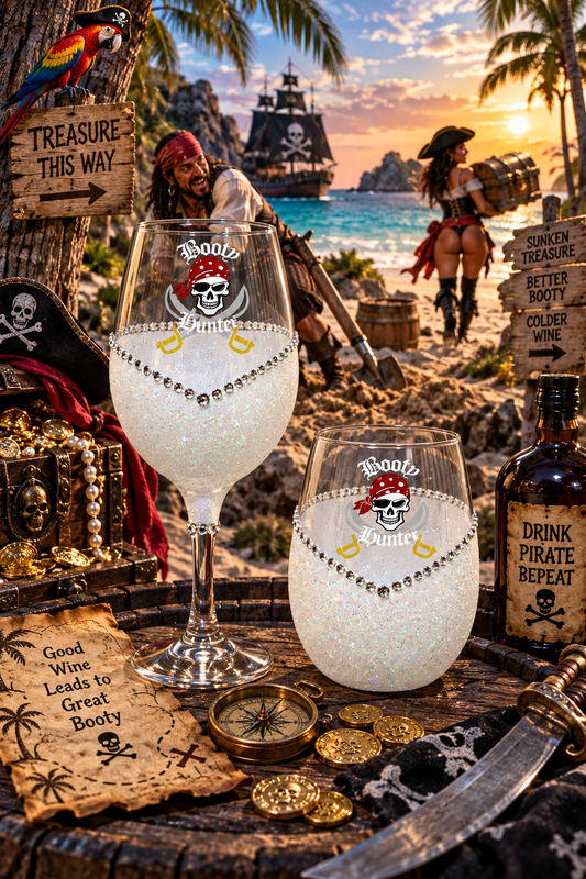 🏴‍☠️💀 Booty Hunter-Skull & Crossbones — Bling Glitter Wine Glasses (Pirate Theme Collection) 💀🏴‍☠️