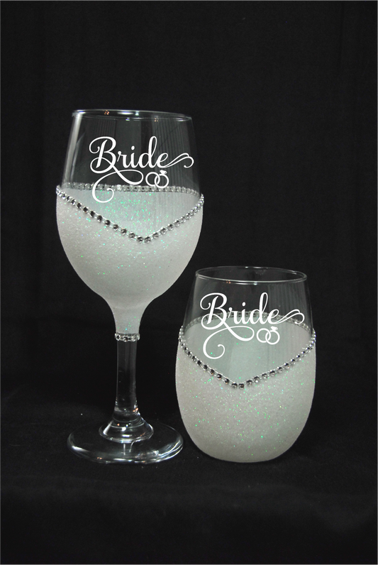 Bride (Wedding Rings Design) – Handmade Bling Wine Glass (Wedding Party Collection)