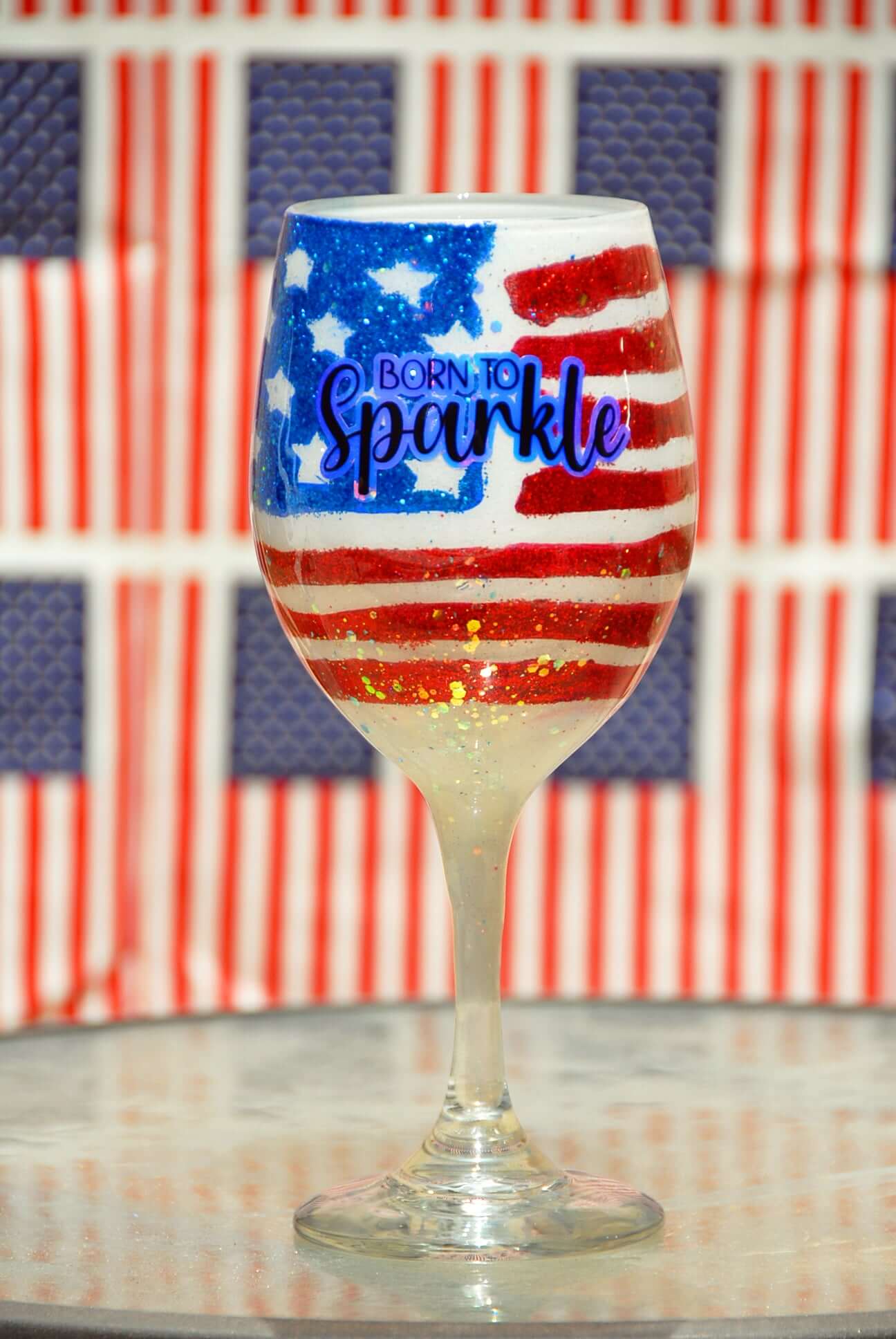 Patriotic Born to Sparkle – Hand-Painted High Gloss Wine Glasses (4th of July Collection)