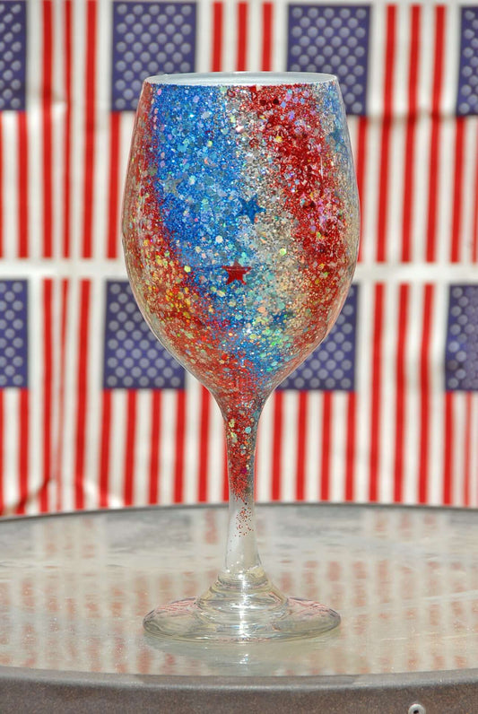 Patriotic Red, White &amp; Blue Swirl – Hand-Painted High Gloss Wine Glasses (4th of July Collection)
