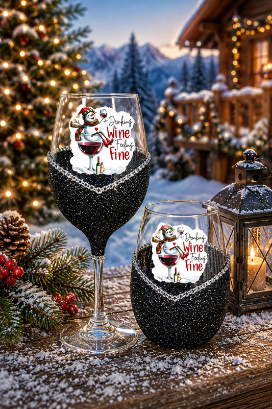 Winey Bitches Co "Drinking Wine feeling Fine” — Snowman Holiday Bling Glass" Snowman Collection Holiday Drinkware-Choose your color