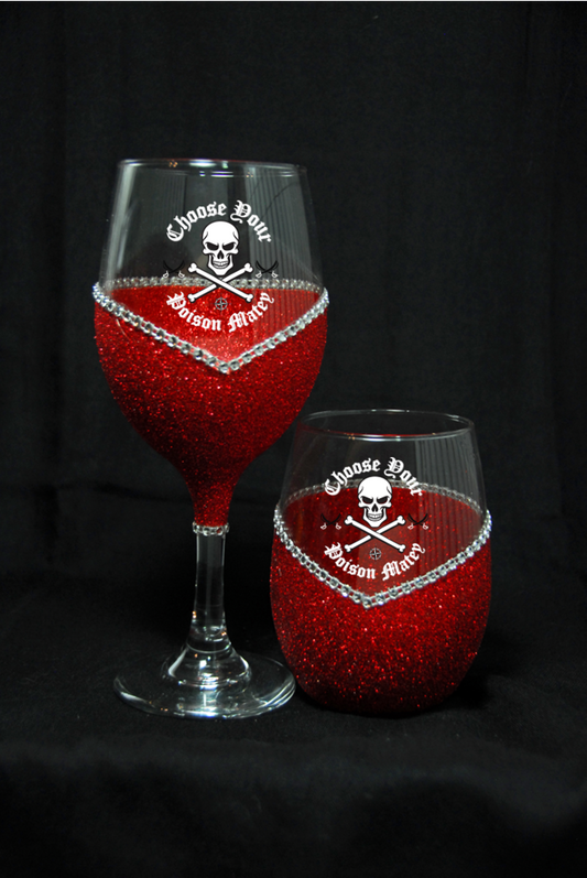 🏴‍☠️💀 Choose Your Poison Matey-Skull & Crossbones — Bling Glitter Wine Glasses (Pirate Theme Collection) 💀🏴‍☠️