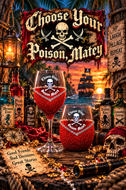 🏴‍☠️💀 Choose Your Poison Matey-Skull & Crossbones — Bling Glitter Wine Glasses (Pirate Theme Collection) 💀🏴‍☠️