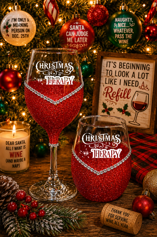 Winey Bitches Co "Christmas Therapy" Holiday Drinkware-Choose your color