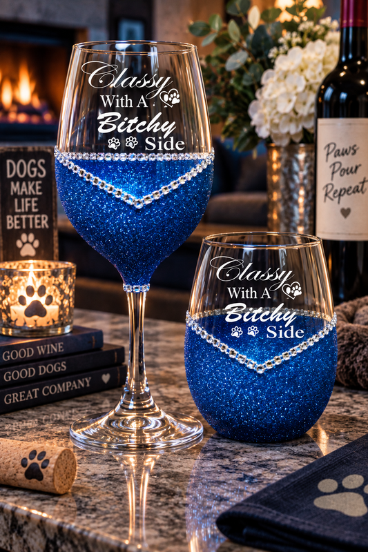 Classy With a Bitchy Side – Bling Glitter Glass Wine Glasses (Just Sayin’ Collection)