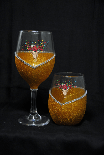 Winey Bitches Christmas lights Cow Skull Christmas Holiday Drinkware-Choose your color