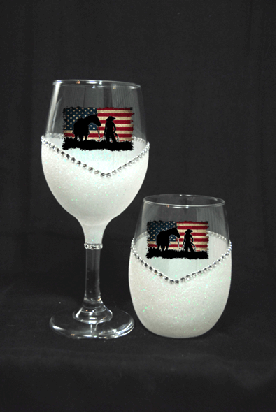 USA Horse and Flag Cowboy – Bling Glitter Glass Drinkware (Country Western Collection)