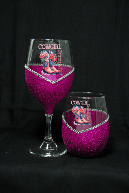 Cowgirl Beautiful – Bling Glitter Glass Wine Glasses (Country Western Collection)