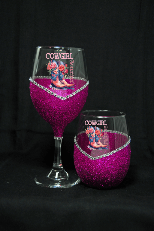 Cowgirl Beautiful – Bling Glitter Glass Wine Glasses (Country Western Collection)
