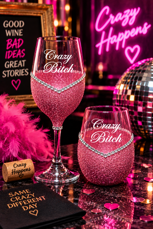 Crazy Bitch – Bling Glitter Glass Wine Glass (The Bitch Collection)