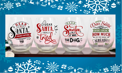 Winey Bitches Co Funny Christmas Holiday Stemless Wine Glass 4 pack "Dear Santa" sayings