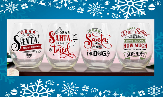 Winey Bitches Co Funny Christmas Holiday Stemless Wine Glass 4 pack "Dear Santa" sayings