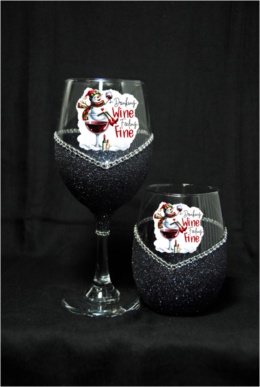 Winey Bitches Co "Drinking Wine feeling Fine” — Snowman Holiday Bling Glass" Snowman Collection Holiday Drinkware-Choose your color