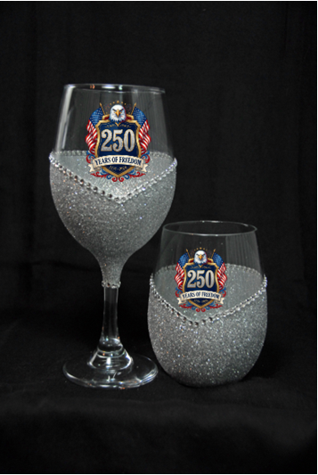 Winey Bitches Co Eagle with Flag 250 Years Of Freedom Glitter Glasses