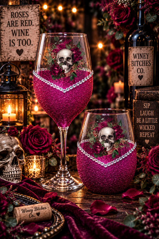 Floral Skull Design #1 – Bling Glitter Glass Wine Glasses (Pirate Skull Halloween Collection)