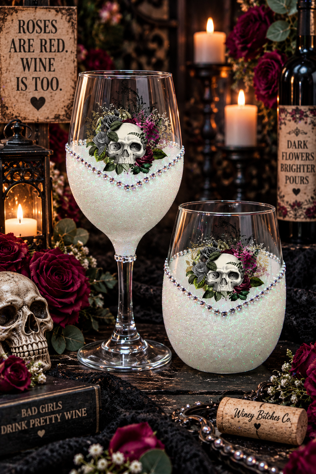 Floral Skull Design #2 – Bling Glitter Glass Wine Glasses (Pirate Skull Halloween Collection)
