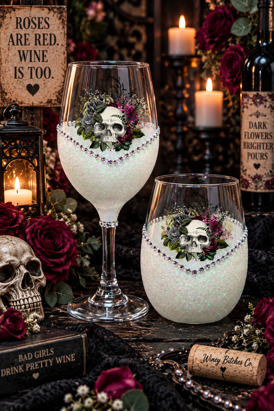 Floral Skull Design #2 – Bling Glitter Glass Wine Glasses (Pirate Skull Halloween Collection)