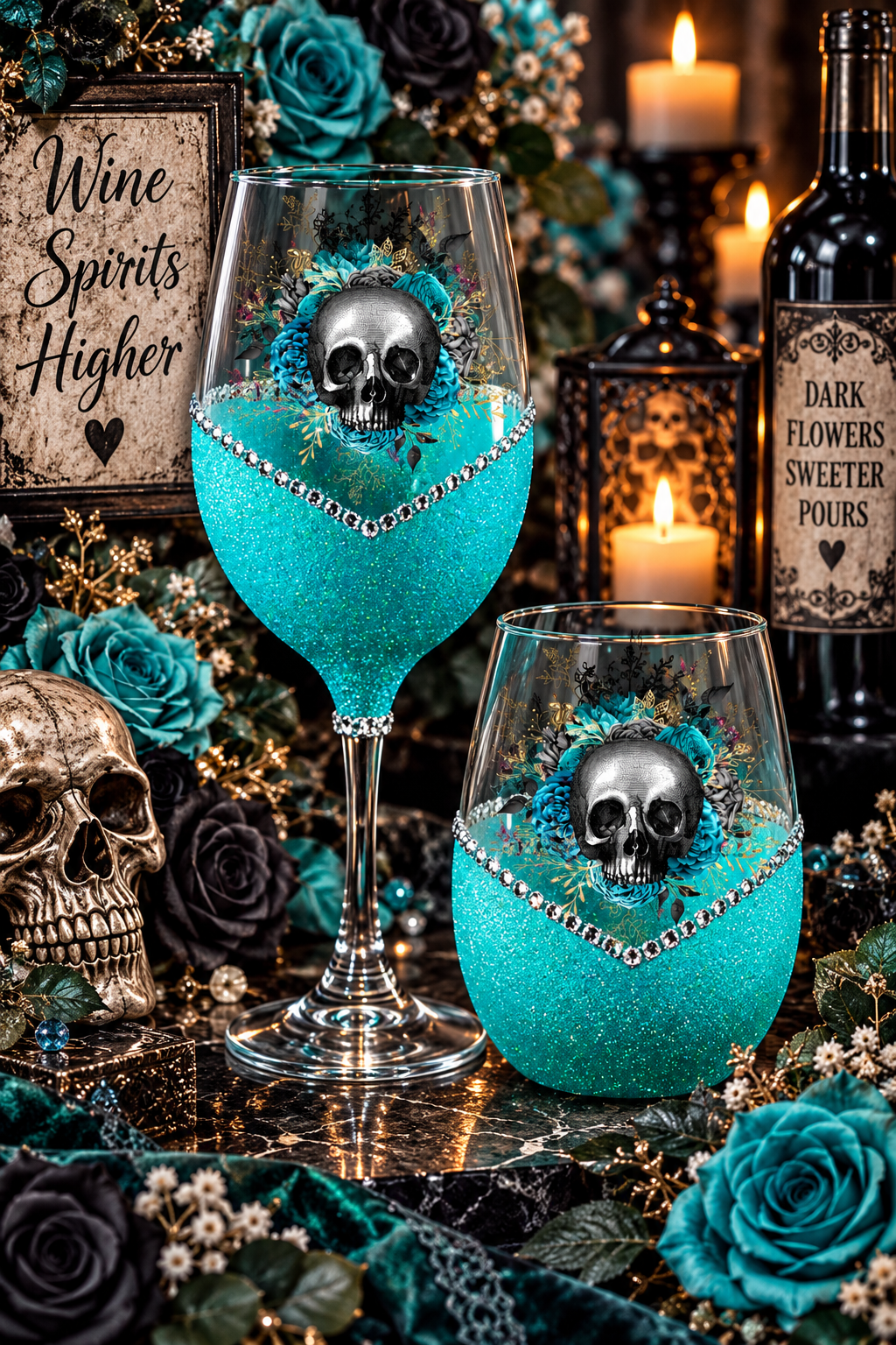 Floral Skull Halloween Glitter Wine Glass – Stem or Stemless | Design #3