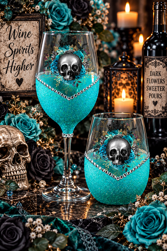 Floral Skull Design #3 – Bling Glitter Glass Wine Glasses (Pirate Skull Halloween Collection)