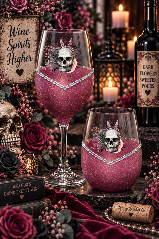 Floral Skull Design #4 – Bling Glitter Glass Wine Glasses (Pirate Skull Halloween Collection)