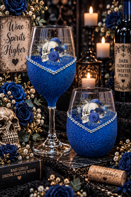 Floral Skull Design #5 – Bling Glitter Glass Wine Glasses (Skull Pirate Halloween Collection)