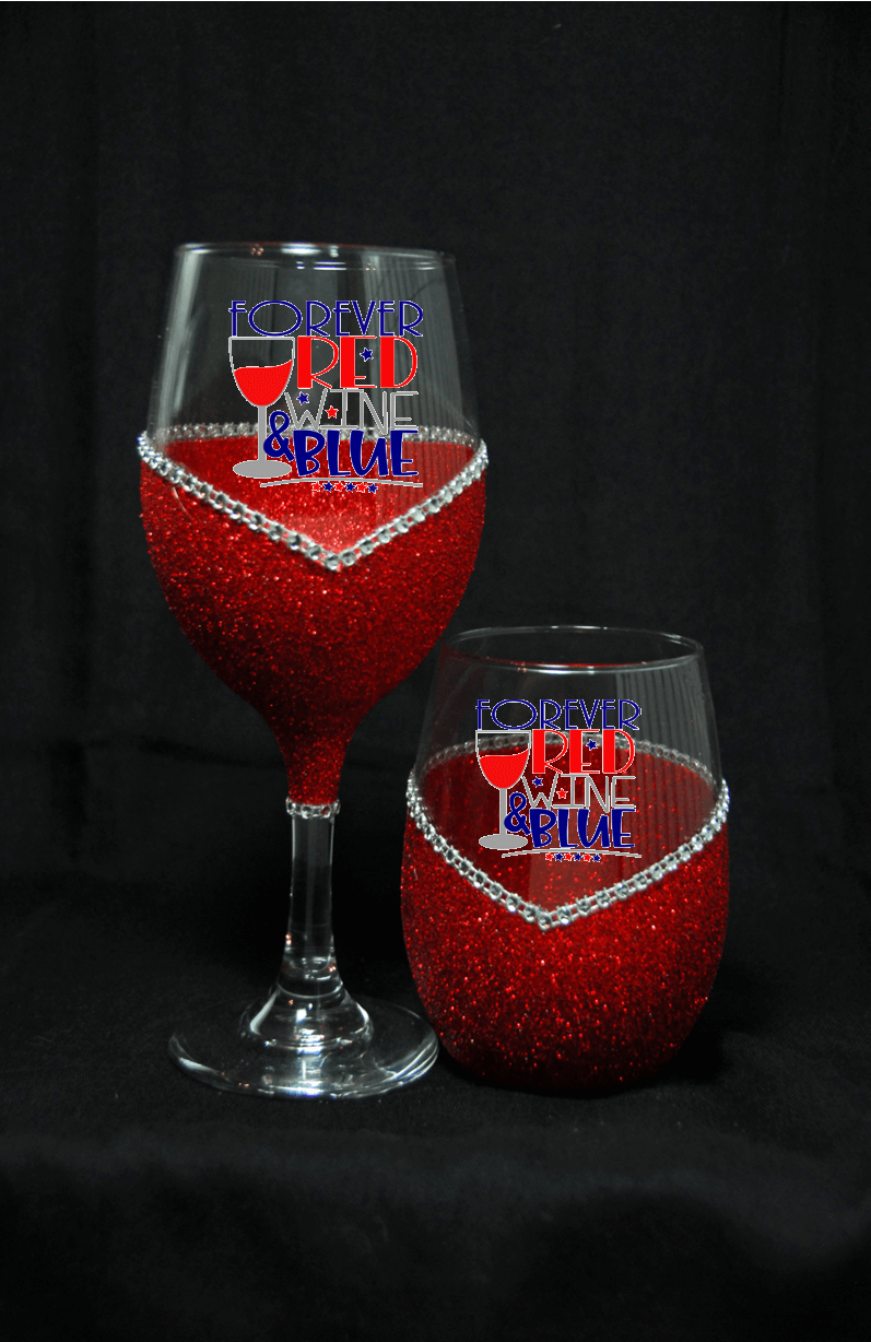 Forever Red Wine and Blue – Bling Glitter Glass Wine Glasses (4th of July Collection)
