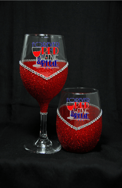 Forever Red Wine and Blue – Bling Glitter Glass Wine Glasses (4th of July Collection)