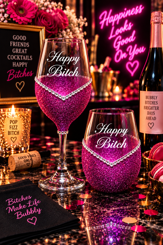 Happy Bitch – Bling Glitter Glass Wine Glass (The Bitch Collection)