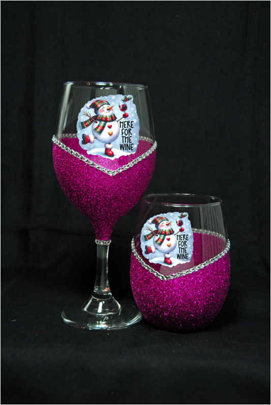 Winey Bitches Co "Here for the Wine” — Snowman Holiday Bling Glass" Snowman Collection Holiday Drinkware-Choose your color
