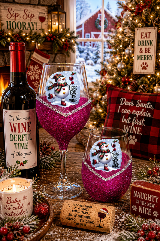 Winey Bitches Co "Here for the Wine” — Snowman Holiday Bling Glass" Snowman Collection Holiday Drinkware-Choose your color