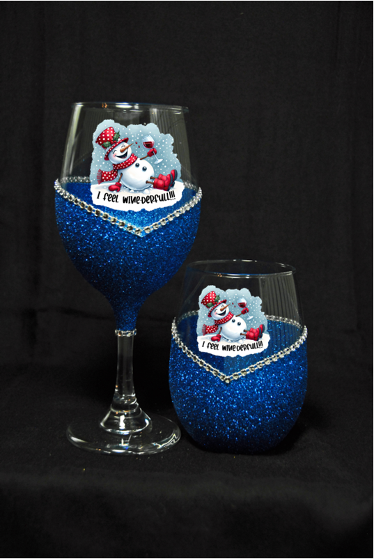 Winey Bitches Co "I Feel Wine-derful” — Snowman Holiday Bling Glass" Snowman Collection Holiday Drinkware-Choose your color