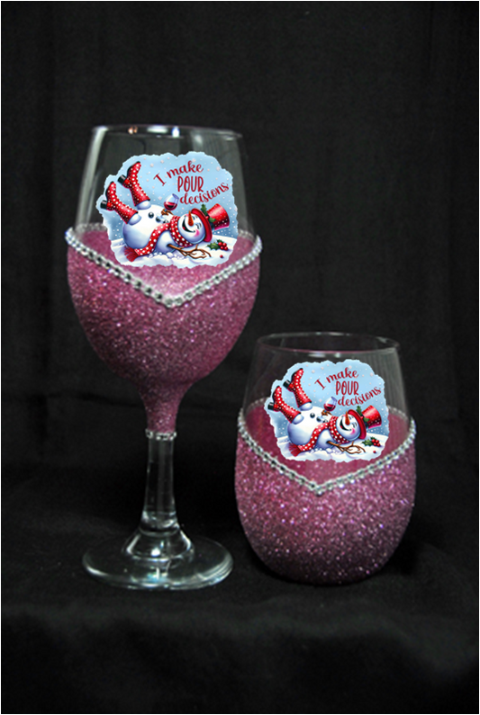 Winey Bitches Co "I Make Pour Decisions” — Snowman Holiday Bling Glass" Snowman Collection Holiday Drinkware-Choose your color