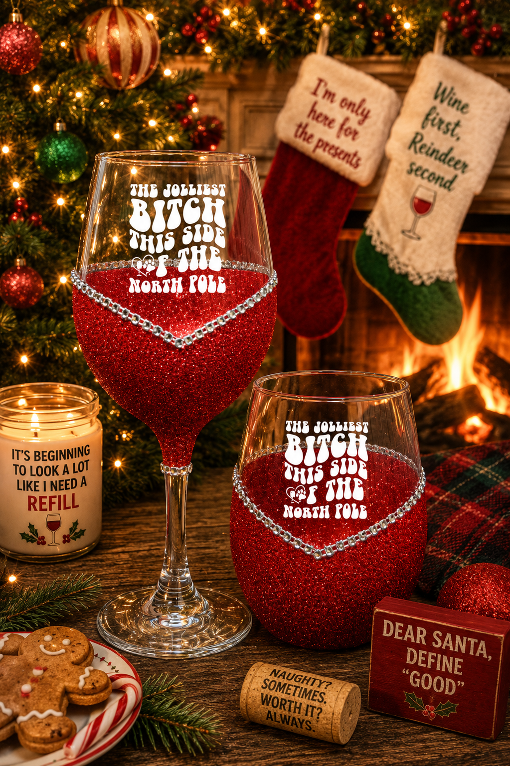 Winey Bitches The Jolliest Bitch this Side of the North Pole Bling Stem or Stemless Wine Glasses-Choose your color