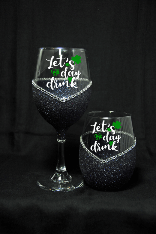Let’s Day Drink – Bling Glitter Glass Wine Glasses (St. Patrick’s Day Collection)