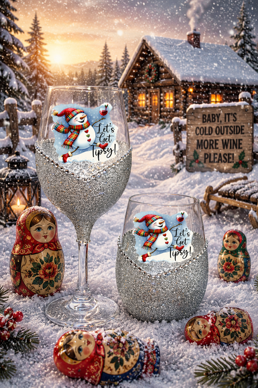 Winey Bitches Co "Let's Get Tipsy” — Snowman Holiday Bling Glass" Snowman Collection Holiday Drinkware-Choose your color